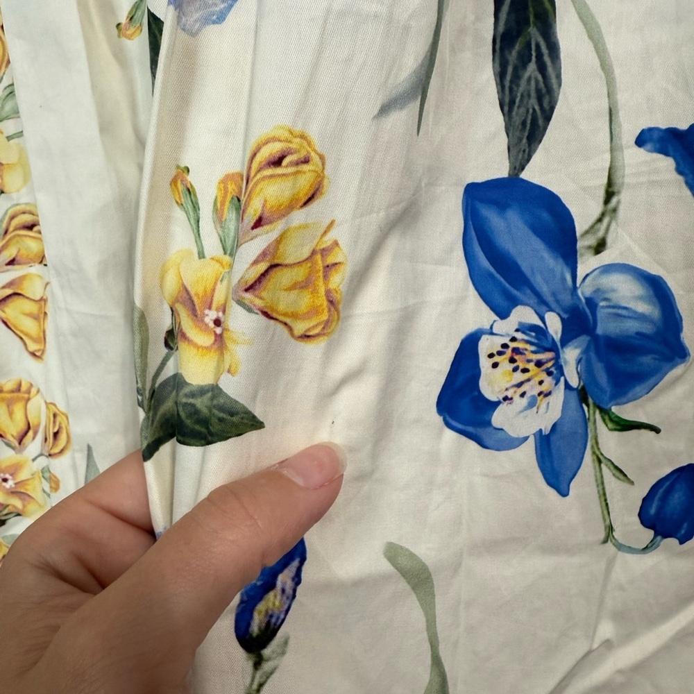 Floral Puff-Sleeve Maxi Dress - White with Blue & Yellow Blooms - Picture 9 of 9